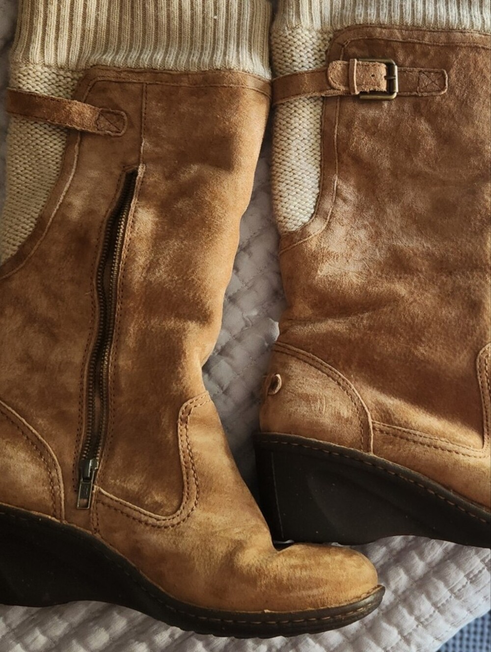 UGG Tan Suede Knit-Collar Wedge Boots with Side Zipper
